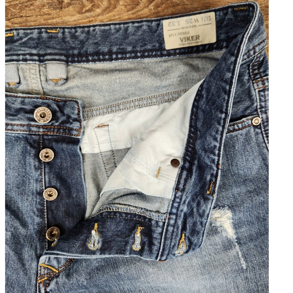 Diesel Viker Regular Straight Leg Jeans Mens 36x32 Blue Distressed Wash 0RBE4 - Picture 6 of 6